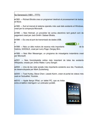 5a Generació (1981 - ????)

1983 → Richard Brodia crea un programari destinat al processament de textos,
el Word.

1985 → Surt al mercat el sistema operatiu més usat dels existents el Windows,
creat per la companyia Microsoft.

1996 → Neix Hotmail, un proveïdor de correu electrònic tant gratuït com de
pagament creat per Jack Smith i Sabeer Bhatia.

1996 → Es crea el port de transmissió de dades USB.


1998 → Neix un dels motors de recerca més importants                    de la
història, GOOGLE, creat per Larry Page i Sergey Brin.

1999 → Neix Msn Messenger, un programa de missatgeria instantània creat
per Microsoft.

2001 → Neix l'enciclopèdia online més important de totes les existents
Wikipedia, creada per Jimbo Wales i Larry Sanger.

2004 → Una de les rede socials més importants existents avui dia, Facebook,
és desenvolupada per Mark Zuckerberg.

2005 → Txad Hurley, Steve Chen i Jaweb Karim, creen el portal de videos més
usat en l'actualitat, Youtube.

2010 → Apple llança l'iPad, un tablet PC, que es troba
entre el telèfon intel·ligent i un ordinador portàtil.
 