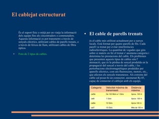 El cablejat estructurat


    És el suport físic o mitjà per on viatja la informació
    dels equips fins als cincentradors o commutadors.
                                                                 ●   El cable de parells trenats
    Aquesta informació es pot transmetre a través de
    senyals elèctrics, utilitzant cables de parells trenats, o       ès el cable més utilitzat actualment per a xarxes
    a través de feixos de llum, utilitzant cables de fibra           locals. Està format per quatre parells de fils. Cada
    òptica.                                                          parell va trenat per evitar interferències
                                                                     radioelèctriques. La quantitat de vegades que gira
●   Foto de 2 tipus de cables.                                       sobre si mateix en fer el trenat s' anomena categoria i
                                                                     determina les prestacions del cable. Els problemes
                                                                     que presenten aquests tipus de cables són l'
                                                                     atenuació, que és la pèrdua de senyal produïda en la
                                                                     propagació del senyal a través del cable, i les
                                                                     pertorbacions electromagnètiques produïdes per
                                                                     aparells elèctrics, com ara fluorescens, motors, etc.,
                                                                     que afecten els senyals transmesos. Als extrems del
                                                                     cable cal posar-hi un connector, anomenat Rj-45,
                                                                     capaç de connectar el cablejat amb els equips.

                                                                      Categoria     Velocitat màxima de    Distància
                                                                                    transmissió            màxima
                                                                      cat5e         De 100 Mb/s a 1 Gb/s   Aprox. 100 m

                                                                      cat6          1 Gb/s                 Aprox. 100 m

                                                                      cat6e         10 Gb/s                Aprox.100 m

                                                                      cat7          10 Gb/s                Més de 100 m
 