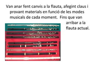 Van anar fent canvis a la flauta, afegint claus i
  provant materials en funció de les modes
  musicals de cada moment. Fins que van
                                   arribar a la
                                   flauta actual.
 