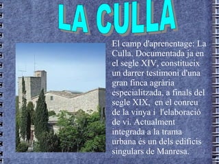 El camp d'aprenentage: La Culla. Documentada ja en el segle XIV, constitueix un darrer testimoni d'una gran finca agrària especialitzada, a finals del segle XIX,  en el conreu de la vinya i  l'elaboració de vi. Actualment integrada a la trama urbana és un dels edificis singulars de Manresa. LA CULLA 