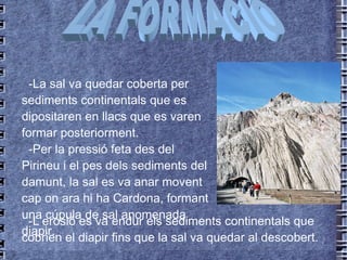 -La sal va quedar coberta per sediments continentals que es dipositaren en llacs que es varen formar posteriorment. -Per la pressió feta des del Pirineu i el pes dels sediments del damunt, la sal es va anar movent cap on ara hi ha Cardona, formant una cúpula de sal anomenada diapir. -L’erosió es va endur els sediments continentals que cobrien el diapir fins que la sal va quedar al  descobert . LA FORMACIÓ 