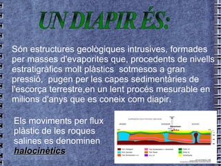 Són estructures geològiques intrusives, formades per masses d'evaporites que, procedents de nivells estratigràfics molt plàstics  sotmesos a gran pressió,  pugen per les capes sedimentàries de l'escorça terrestre,en un lent procés mesurable en milions d'anys que es coneix com diapir.   Els moviments per flux plàstic de les roques salines es denominen  halocinètics UN DIAPIR ÉS: 