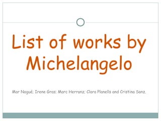 List of works by
  Michelangelo
Mar Nogué; Irene Gras; Marc Herranz; Clara Planells and Cristina Sanz.
 