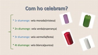 * 1r diumenge: vela morada(tristesa)
* 2n diumenge: vela verda(esperança)
* 3r diumenge: vela vermella(festa)
* 4t diumenge: vela blanca(puresa)
 