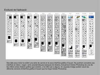 Evolució de l'aplicació:

Des dels seus inicis ha sofert una sèrie de canvis en la seva interfície gràfica d'usuari. No podríem concebre una
interfície en blanc i negre i amb característiques basiques de disseny. Actualment Adobe Photoshop és una de
les millors eines d'edició gràfica que existeix, o la millor per a alguns. En aquesta imatge podem veure les
diferents versions d'interfície gràfica d'usuari que ha tingut Adobe Photoshop.

 
