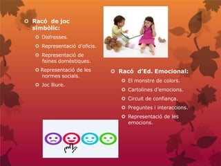  Racó de joc
simbòlic:
 Disfresses.
 Representació d’oficis.
 Representació de
feines domèstiques.
 Representació de les
normes socials.
 Joc lliure.
 Racó d’Ed. Emocional:
 El monstre de colors.
 Cartolines d’emocions.
 Circuit de confiança.
 Preguntes i interaccions.
 Representació de les
emocions.
 