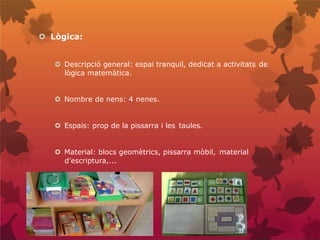  Lògica:
 Descripció general: espai tranquil, dedicat a activitats de
lògica matemàtica.
 Nombre de nens: 4 nenes.
 Espais: prop de la pissarra i les taules.
 Material: blocs geomètrics, pissarra mòbil, material
d’escriptura,...
 