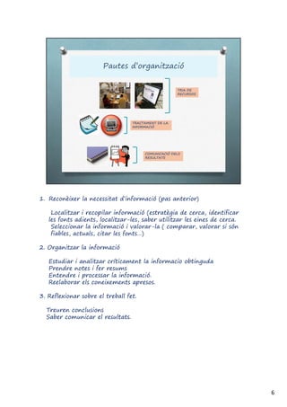 1. Reconèixer la necessitat d’informació (pas anterior)
Localitzar i recopilar informació (estratègia de cerca, identificar
les fonts adients, localitzar-les, saber utilitzar les eines de cerca.
Seleccionar la informació i valorar-la ( comparar, valorar si són
fiables, actuals, citar les fonts…)
2. Organitzar la informació
Estudiar i analitzar críticament la informacio obtinguda
Prendre notes i fer resums
Entendre i processar la informació.
Reelaborar els coneixements apresos.
3. Reflexionar sobre el treball fet.
Treuren conclusions
Saber comunicar el resultats.
6
 