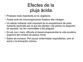 Efectes de la
pluja àcida.
● Produeix mals importants en la vegetació,
●
Acaba amb els microorganismes fixadors dee nitrógen.
●
Un efecte indirecte molt important és el empobriment de certs
nutrients esencials per el que les plantes i els arbres no disponen
de aquests i es fan vulnerables a les plagues.
●
En els rius i mars: dificulta el desenvolupamentde la vida acuàtica,
augment del nombre de peixos morts.
●
Sobre els humans: Pot causar enfermetats respiratóries, com el
asma o la bronquitis crònica.
 