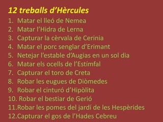 12 treballsd’HèrculesMatar el lleó de NemeaMatar l’Hidra de LernaCapturar la cèrvala de CeriniaMatar el porc senglard’ErimantNetejarl’establed’Augias en un sol diaMatar elsocells de l’EstímfalCapturar el toro de CretaRobar les eugues de DiòmedesRobar el cinturód’HipòlitaRobar el bestiar de GerióRobar les pomes del jardí de les HespèridesCapturar el gos de l’HadesCebreu