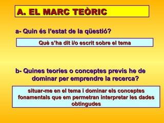 a- Quin és l’estat de la qüestió? A. EL MARC TEÒRIC situar-me en el tema i dominar els conceptes fonamentals que em permetran interpretar les dades obtingudes b- Quines teories o conceptes previs he de  dominar per emprendre la recerca? Què s’ha dit i/o escrit sobre el tema 