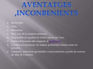    Renovable
   Neta
   Silenciosa
   Baix cost de la matèria primera.
   Disponible en qualsevol clima i època de l’any.
   Costos d’inversió alts respecte al rendiment
   Localització puntual, els majors potencials només estan en
    estuaris.
   Limitada, solament aprofitable comercialment a partir de marees
    de més de 6 metres
 