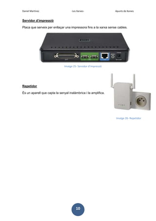 Daniel Martínez

-Les Xarxes-

Apunts de Xarxes

Servidor d’impressió
Placa que serveix per enllaçar una impressora fins a la xarxa sense cables.

Imatge 25- Servidor d’impressió

Repetidor
És un aparell que capta la senyal inalàmbrica i la amplifica.

Imatge 26- Repetidor

10

 