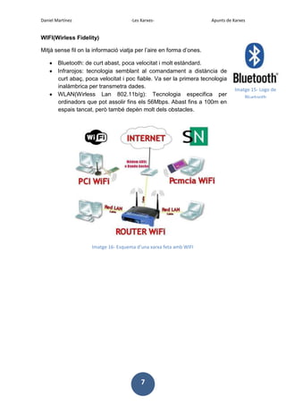Daniel Martínez

-Les Xarxes-

Apunts de Xarxes

WIFI(Wirless Fidelity)
Mitjà sense fil on la informació viatja per l’aire en forma d’ones.
Bluetooth: de curt abast, poca velocitat i molt estàndard.
Infrarojos: tecnologia semblant al comandament a distància de
curt abaç, poca velocitat i poc fiable. Va ser la primera tecnologia
inalàmbrica per transmetra dades.
WLAN(Wirless Lan 802.11b/g): Tecnologia especifica per
ordinadors que pot assolir fins els 56Mbps. Abast fins a 100m en
espais tancat, però també depèn molt dels obstacles.

Imatge 16- Esquema d’una xarxa feta amb WIFI

7

Imatge 15- Logo de
Bluetooth

 