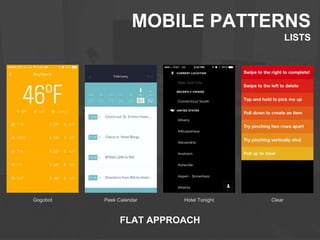 MOBILE PATTERNS 
NICE ALTERNATIVE TO LISTS 
COVER FLOWS 
Foodspotting DIY Dcovery Beat 
 