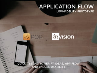 APPLICATION FLOW 
LOW-FIDELITY PROTOTYPE 
QUICK TESTING TO VERIFY IDEAS, APP FLOW 
AND ENSURE USABILITY 
 