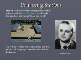 Undressing Stations Franz Suchomel Healthy men and women were separated and then officers, such as  Franz Suchomel , would make them undress and women’s hair was cut off. The victims’ clothes would be gathered and then, once naked, the groups would be led to their next destination. 