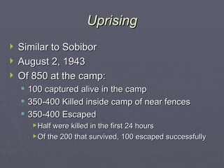 Uprising Similar to Sobibor August 2, 1943 Of 850 at the camp: 100 captured alive in the camp 350-400 Killed inside camp of near fences 350-400 Escaped Half were killed in the first 24 hours Of the 200 that survived, 100 escaped successfully 