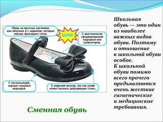 Сменная обувь
Школьная
обувь — это один
из наиболее
важных видов
обуви. Поэтому
и отношение
к школьной обуви
особое.
К школьной
обуви помимо
всего прочего
предъявляются
очень жесткие
гигиенические
и медицинские
требования.
 