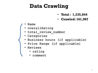 6
Data Crawling
• Name
• overallRating
• total_review_number
• Categories
• Business hours (if applicable)
• Price Range (if applicable)
• Reviews
• rating
• comment
• Total : 1,235,844
• Crawled: 161,907
 