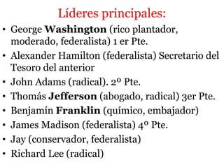 Líderes principales:
• George Washington (rico plantador,
moderado, federalista) 1 er Pte.
• Alexander Hamilton (federalista) Secretario del
Tesoro del anterior
• John Adams (radical). 2º Pte.
• Thomás Jefferson (abogado, radical) 3er Pte.
• Benjamín Franklin (químico, embajador)
• James Madison (federalista) 4º Pte.
• Jay (conservador, federalista)
• Richard Lee (radical)
 