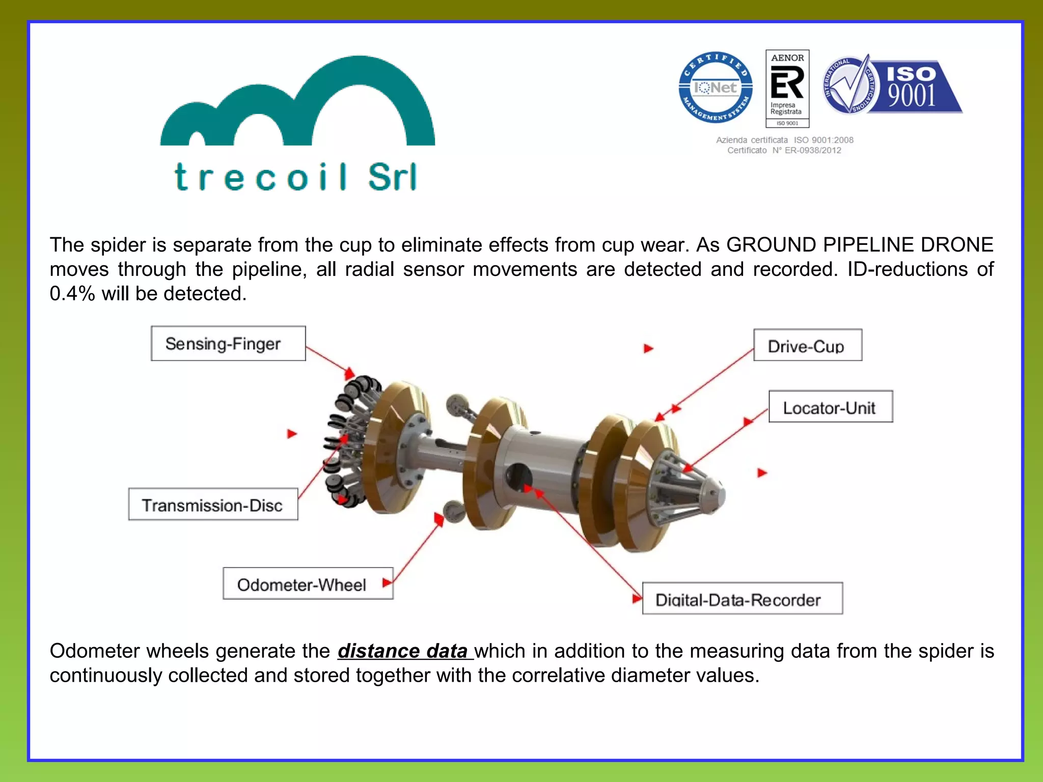 INSPECTION TOOLS
SINGLE-CHANNEL CALIPER PIG
Our Caliper Pig Single-Channel detects
pipeline's diameter reductions and
variations such as dents, ovalities,
circumferential welding and wall thickness
variations, which reduce the internal
diameter of the pipe.
MULTI-CHANNEL CALIPER PIG
The Multi-Channel Caliper Pig implements
the ability of sizing and positioning the
differentiation longitudinal and
circumferential of the different types of
defects.
MAGNETIC FLUX LEAKAGE
The MFL inspection activity detects metal
losses, pitting (internal and external), and
cracks. Also it provides inertial mapping (X,
Y, Z) of the pipeline and measurement of the
voltages induced by the movement of the
ground.
Inspection Projects Clients Certifications ContactsCompany
 