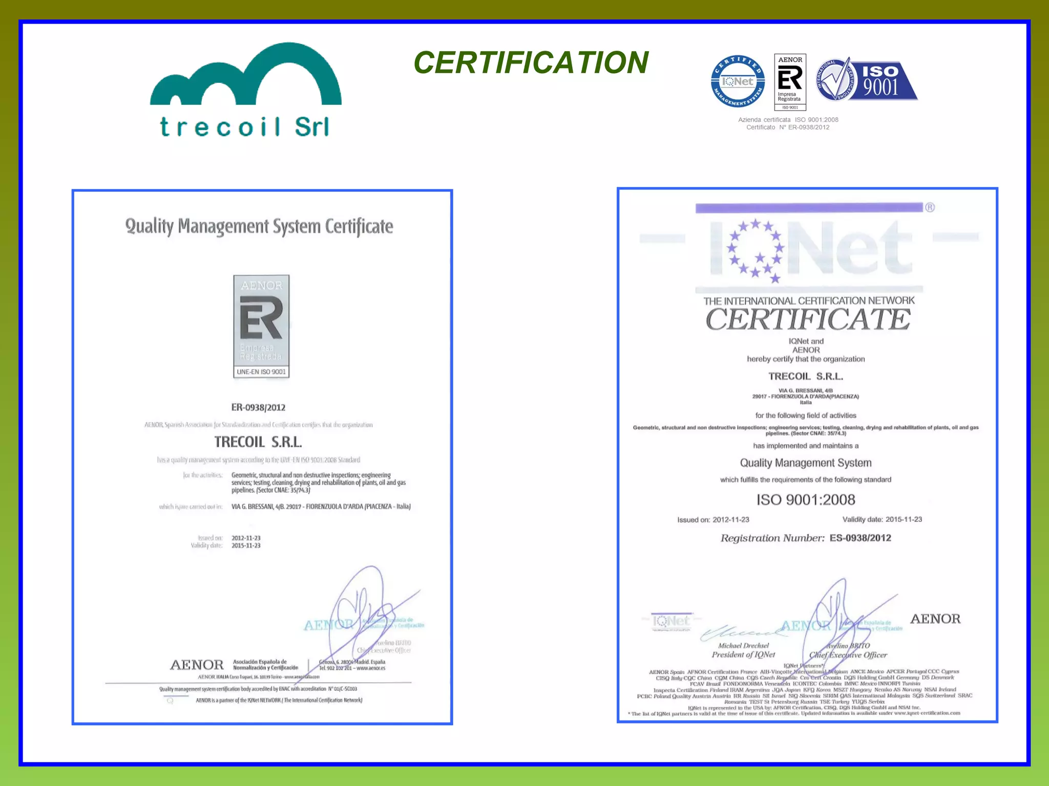 The Data Analysis Department consists of experienced people who work
close together with the customer and service technicians.
The Final Report generally contains the data listed in the table.
The General Information provides details like names of the pipeline owner, the
surveyd pipeline and the names of representatives and technicians.
Technical Data shows all important data concerning the pipeline the Caliper
Pig and the survey run.
Details of how the job was carried out, principles of dates of the survey and
progress of the job are given under Survey Procedures.
The Results are summarized in the features list. It contains several columns
with all the important notes of the run.
Supplementary to the features list the calibration curves and the entire
Printout of the chart is provided.
CALIPER PIG
FINAL REPORT
1.
2.
3.
4.
5.
6.
General informations
Technical data
Survey procedures
Results
Features list
Calibration curves
7. Printout of the chart
Inspection Projects Clients Certifications ContactsCompany
 