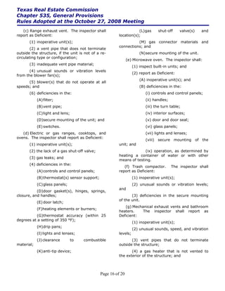 Texas Real Estate Commission
Chapter 535, General Provisions
Rules Adopted at the October 27, 2008 Meeting
   (c) Range exhaust vent. The inspector shall                       (L) gas        shut-off     valve(s)        and
report as Deficient:                                      location(s);
       (1) inoperative unit(s);                                     (M) gas connector materials and
                                                          connections; and
        (2) a vent pipe that does not terminate
outside the structure, if the unit is not of a re-                      (N) secure mounting of the unit.
circulating type or configuration;
                                                                (e) Microwave oven. The inspector shall:
       (3) inadequate vent pipe material;
                                                                    (1) inspect built-in units; and
       (4) unusual sounds or vibration levels
                                                                    (2) report as Deficient:
from the blower fan(s);
                                                                        (A) inoperative unit(s); and
      (5) blower(s) that do not operate at all
speeds; and                                                             (B) deficiencies in the:
       (6) deficiencies in the:                                            (i) controls and control panels;
            (A) filter;                                                    (ii) handles;
            (B) vent pipe;                                                 (iii) the turn table;
            (C) light and lens;                                            (iv) interior surfaces;
            (D)secure mounting of the unit; and                            (v) door and door seal;
            (E) switches.                                                  (vi) glass panels;
   (d) Electric or gas ranges, cooktops, and                               (vii) lights and lenses;
ovens. The inspector shall report as Deficient:
                                                                           (viii)   secure     mounting     of   the
       (1) inoperative unit(s);                           unit; and
       (2) the lack of a gas shut-off valve;                            (ix) operation, as determined by
                                                          heating a container of water or with other
       (3) gas leaks; and
                                                          means of testing.
       (4) deficiencies in the:
                                                             (f) Trash compactor.            The inspector shall
            (A) controls and control panels;              report as Deficient:
            (B) thermostat(s) sensor support;                       (1) inoperative unit(s);
            (C) glass panels;                                       (2) unusual sounds or vibration levels;
                                                          and
           (D)door gasket(s), hinges, springs,
closure, and handles;                                            (3) deficiencies in the secure mounting
                                                          of the unit.
            (E) door latch;
                                                             (g) Mechanical exhaust vents and bathroom
            (F)heating elements or burners;
                                                          heaters.    The inspector shall report as
          (G)thermostat accuracy (within 25               Deficient:
degrees at a setting of 350 °F);
                                                                    (1) inoperative unit(s);
            (H) drip pans;
                                                                    (2) unusual sounds, speed, and vibration
            (I) lights and lenses;                        levels;
            (J) clearance         to   combustible               (3) vent pipes that do not terminate
material;                                                 outside the structure;
            (K) anti-tip device;                                 (4) a gas heater that is not vented to
                                                          the exterior of the structure; and



                                                Page 16 of 20
 