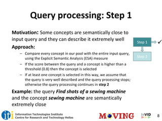 8Information Technologies Institute
Centre for Research and Technology Hellas
Query processing: Step 1
Motivation: Some concepts are semantically close to
input query and they can describe it extremely well
Approach:
– Compare every concept in our pool with the entire input query,
using the Explicit Semantic Analysis (ESA) measure
– If the score between the query and a concept is higher than a
threshold (0.8) then the concept is selected
– If at least one concept is selected in this way, we assume that
the query is very well described and the query processing stops;
otherwise the query processing continues in step 2
Example: the query Find shots of a sewing machine
and the concept sewing machine are semantically
extremely close
Step 1 
Step 2
 