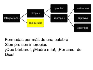 Formadas por más de una palabraSiempre son impropias¡Qué bárbaro!, ¡Madre mía!, ¡Por amor de Dios!
