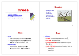 •   Introduction Trees
                                                                    •   Binary Trees
Thammarat Simarojana
                                                                    •   Tree Traversal
Department of Business Computer                                     •   Expression Trees
Faculty of Management Sciences                                      •   Binary Search Trees
Rajabhat Rajanagarindra University                                  •   AVL Trees




                                                            1
                                                                                                                                   2




  – เปนที่รวมรวมโหนดตาง ๆ และมีคุณสมบัติ Recursively              – ราก (Root) สมาชิกตัวแรกที่อยูบนสุดของทรีมี 1 ตัวเทานั้น
  – ประกอบดวยสมาชิกที่เรียกวา โหนด (Node) ซึ่งอาจจะเปน           – โหนด (Node) สมาชิกแตละตัวในทรี
    Empty Tree หรือ Tree ที่ประกอบดวย N โหนด                       – โหนดพอแม (Parent Node) โหนดที่มีโหนดยอยเปนสวนประกอบ
                                                                      ตั้งแต 1 ขึ้นไป
  – แตละโหนดเชื่อมกัน เสนที่เชื่อม เรียกวา Edge                  – โหนดลูก (Child Node) เปนโหนดยอยของโหนดแมจะมี 2 ชนิด คือ
  – Tree ประกอบ N โหนดจะมี Edge ทั้งหมด N-1 เสน                         • โหนดลูกดานซาย
                                                                         • โหนดลูกดานขวา
                                                                3                                                                  4
 