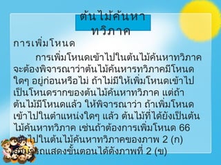 การเพิ่มโหนด
การเพิ่มโหนดเข้าไปในต้นไม้ค้นหาทวิภาค
จะต้องพิจารณาว่าต้นไม้ค้นหารทวิภาคมีโหนด
ใดๆ อยู่ก่อนหรือไม่ ถ้าไม่มีให้เพิ่มโหนดเข้าไป
เป็นโหนดรากของต้นไม้ค้นหาทวิภาค แต่ถ้า
ต้นไม้มีโหนดแล้ว ให้พิจารณาว่า ถ้าเพิ่มโหนด
เข้าไปในตำาแหน่งใดๆ แล้ว ต้นไม้ที่ได้ยังเป็นต้น
ไม้ค้นหาทวิภาค เช่นถ้าต้องการเพิ่มโหนด 66
เข้าไปในต้นไม้ค้นหาทวิภาคของภาพ 2 (ก)
สามารถแสดงขั้นตอนได้ดังภาพที่ 2 (ข)
ต้นไม้ค้นหา
ทวิภาค
 