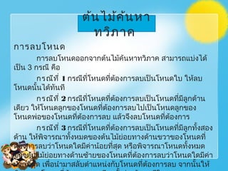 การลบโหนด
การลบโหนดออกจากต้นไม้ค้นหาทวิภาค สามารถแบ่งได้
เป็น 3 กรณี คือ
กรณีที่ 1 กรณีที่โหนดที่ต้องการลบเป็นโหนดใบ ให้ลบ
โหนดนั้นได้ทันที
กรณีที่ 2 กรณีที่โหนดที่ต้องการลบเป็นโหนดที่มีลูกด้าน
เดียว ให้โหนดลูกของโหนดที่ต้องการลบไปเป็นโหนดลูกของ
โหนดพ่อของโหนดที่ต้องการลบ แล้วจึงลบโหนดที่ต้องการ
กรณีที่ 3 กรณีที่โหนดที่ต้องการลบเป็นโหนดที่มีลูกทั้งสอง
ด้าน ให้พิจารณาทั้งหมดของต้นไม้ย่อยทางด้านขวาของโหนดที่
ต้องการลบว่าโหนดใดมีค่าน้อยที่สุด หรือพิจารณาโหนดทั้งหมด
ของต้นไม้ย่อยทางด้านซ้ายของโหนดที่ต้องการลบว่าโหนดใดมีค่า
มากที่สุด เพื่อนำามาสลับตำาแหน่งกับโหนดที่ต้องการลบ จากนั้นให้
ต้นไม้ค้นหา
ทวิภาค
 