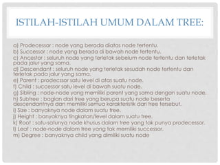 ISTILAH-ISTILAH UMUM DALAM TREE:
a) Prodecessor : node yang berada diatas node tertentu.
b) Successor : node yang berada di bawah node tertentu.
c) Ancestor : seluruh node yang terletak sebelum node tertentu dan terletak
pada jalur yang sama.
d) Descendant : seluruh node yang terletak sesudah node tertentu dan
terletak pada jalur yang sama.
e) Parent : prodecssor satu level di atas suatu node.
f) Child : successor satu level di bawah suatu node.
g) Sibling : node-node yang memiliki parent yang sama dengan suatu node.
h) Subtree : bagian dari tree yang berupa suatu node beserta
descendantnya dan memiliki semua karakteristik dari tree tersebut.
i) Size : banyaknya node dalam suatu tree.
j) Height : banyaknya tingkatan/level dalam suatu tree.
k) Root : satu-satunya node khusus dalam tree yang tak punya prodecessor.
l) Leaf : node-node dalam tree yang tak memiliki successor.
m) Degree : banyaknya child yang dimiliki suatu node
 