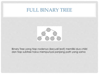 FULL BINARY TREE
Binary Tree yang tiap nodenya (kecuali leaf) memiliki dua child
dan tiap subtree harus mempunyai panjang path yang sama
 