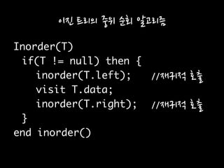 이진 트리의 중위 순회 알고리즘
//재귀적 호출
//재귀적 호출
 