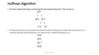 Huffman Algorithm
• You then repeat the loop, combining the two lowest elements. This results in:
22:*
/ 
10:3 12:*
/ 
5:1 7:2
• The two elements are removed from the list and the new parent node, with frequency 12, is
inserted into the list by frequency. So now the list, sorted by frequency, is:
15:4
20:5
22: *
45:6
Ashim Lamichhane 58
 