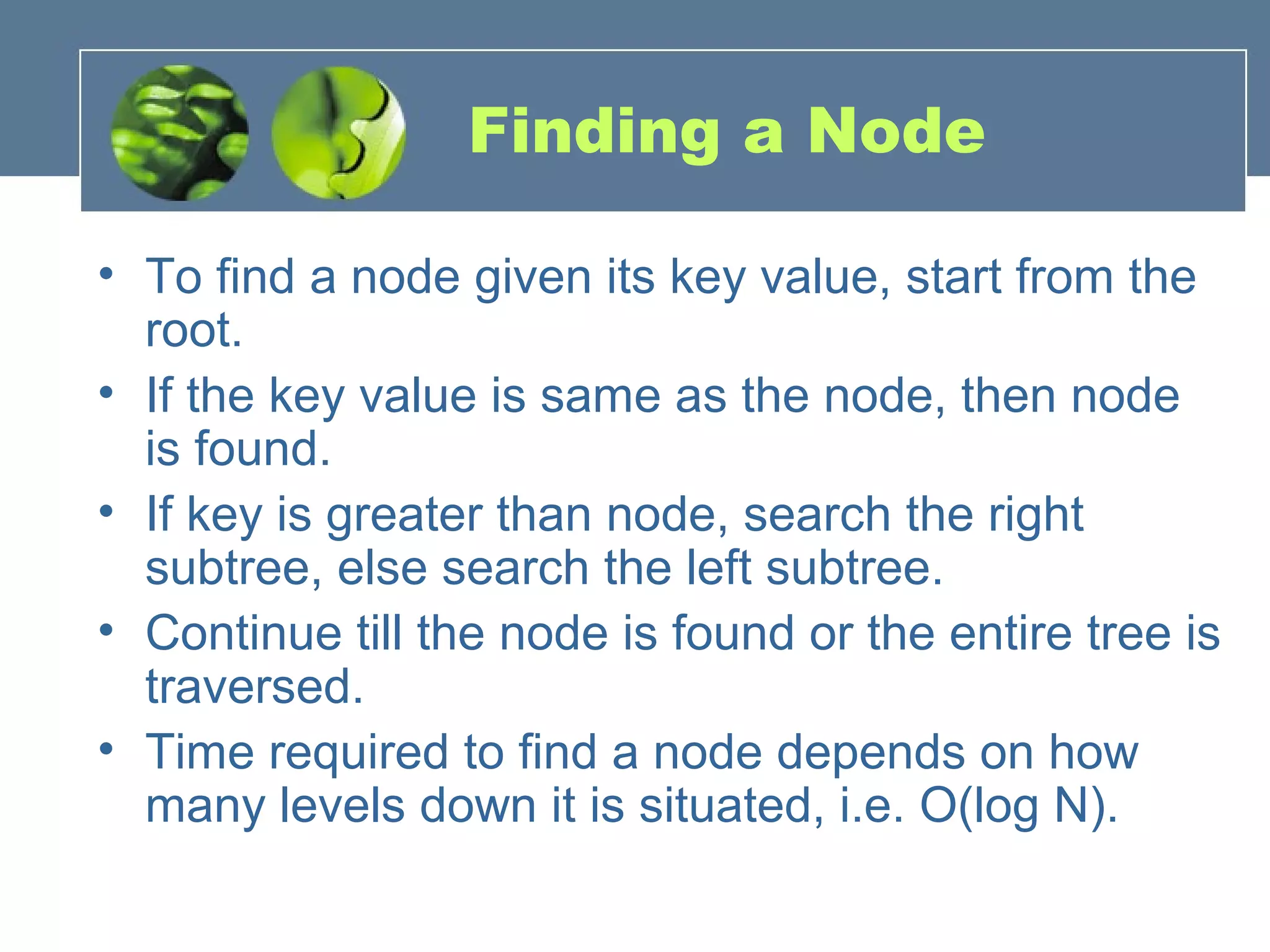 Finding a Node
• To find a node given its key value, start from the
root.
• If the key value is same as the node, then node
is found.
• If key is greater than node, search the right
subtree, else search the left subtree.
• Continue till the node is found or the entire tree is
traversed.
• Time required to find a node depends on how
many levels down it is situated, i.e. O(log N).
 