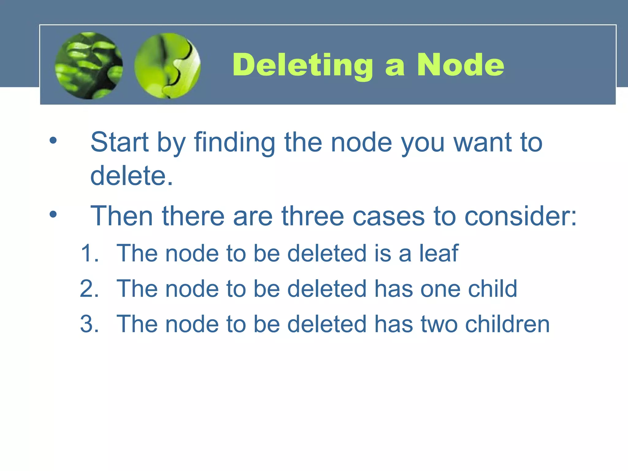 Deleting a Node
• Start by finding the node you want to
delete.
• Then there are three cases to consider:
1. The node to be deleted is a leaf
2. The node to be deleted has one child
3. The node to be deleted has two children
 