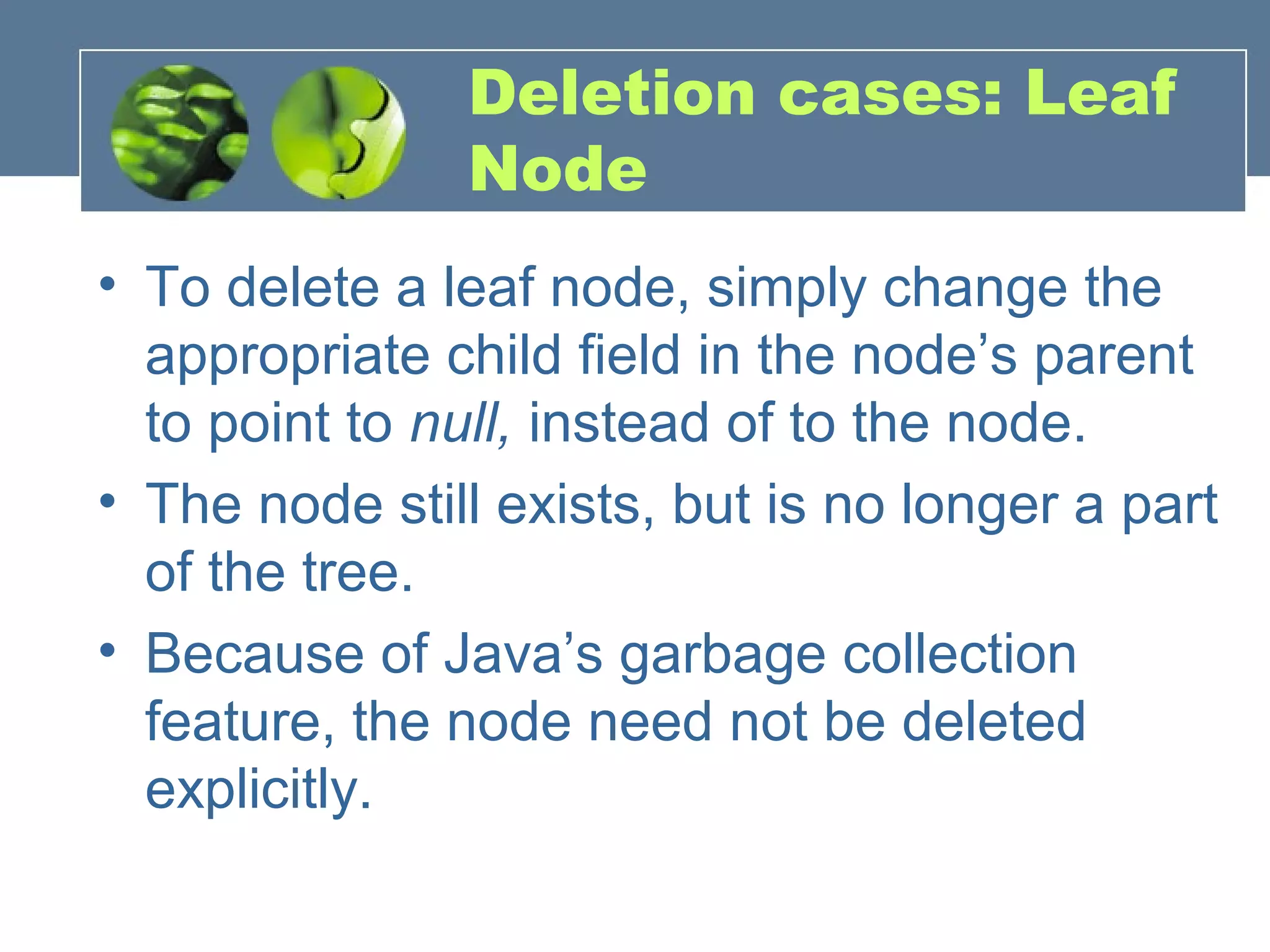 Deletion cases: Leaf
Node
• To delete a leaf node, simply change the
appropriate child field in the node’s parent
to point to null, instead of to the node.
• The node still exists, but is no longer a part
of the tree.
• Because of Java’s garbage collection
feature, the node need not be deleted
explicitly.
 
