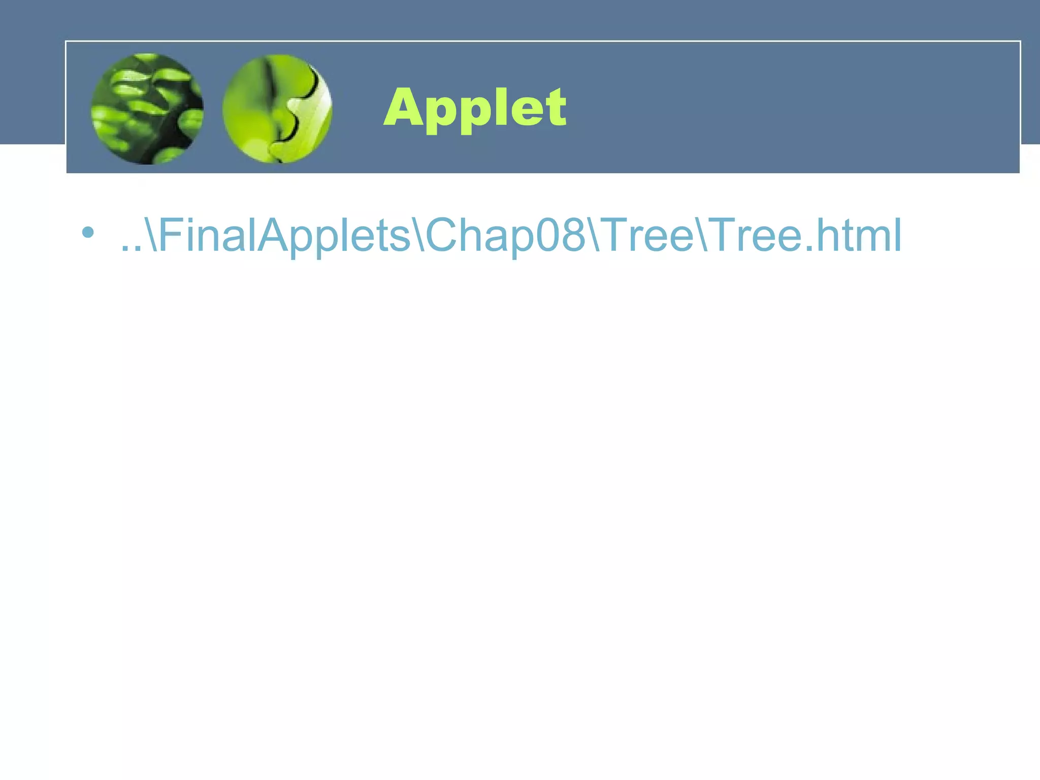 Applet
• ..FinalAppletsChap08TreeTree.html
 