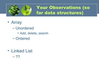 Your Observations (so
far data structures)
• Array
– Unordered
• Add, delete, search
– Ordered
• Linked List
– ??
 