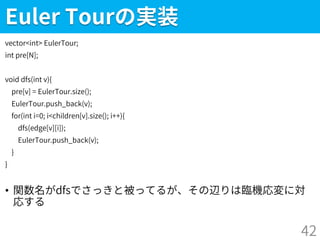 Euler Tourの実装
vector<int> EulerTour;
int pre[N];
void dfs(int v){
pre[v] = EulerTour.size();
EulerTour.push_back(v);
for(int i=0; i<children[v].size(); i++){
dfs(edge[v][i]);
EulerTour.push_back(v);
}
}
• 関数名がdfsでさっきと被ってるが、その辺りは臨機応変に対
応する
42
 