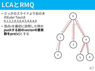 ５
LCAとRMQ
• さっきのスライドより右の木
のEuler Tourは
0,1,2,1,0,3,0,4,5,4,6,4,0
• 頂点vを最初に訪問した時の
pushする前のvectorの要素
数をpre[v]とする
47
２
１
０
３
４
６
 