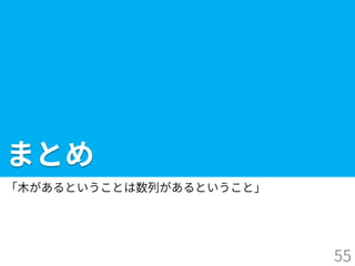 まとめ
「木があるということは数列があるということ」
55
 