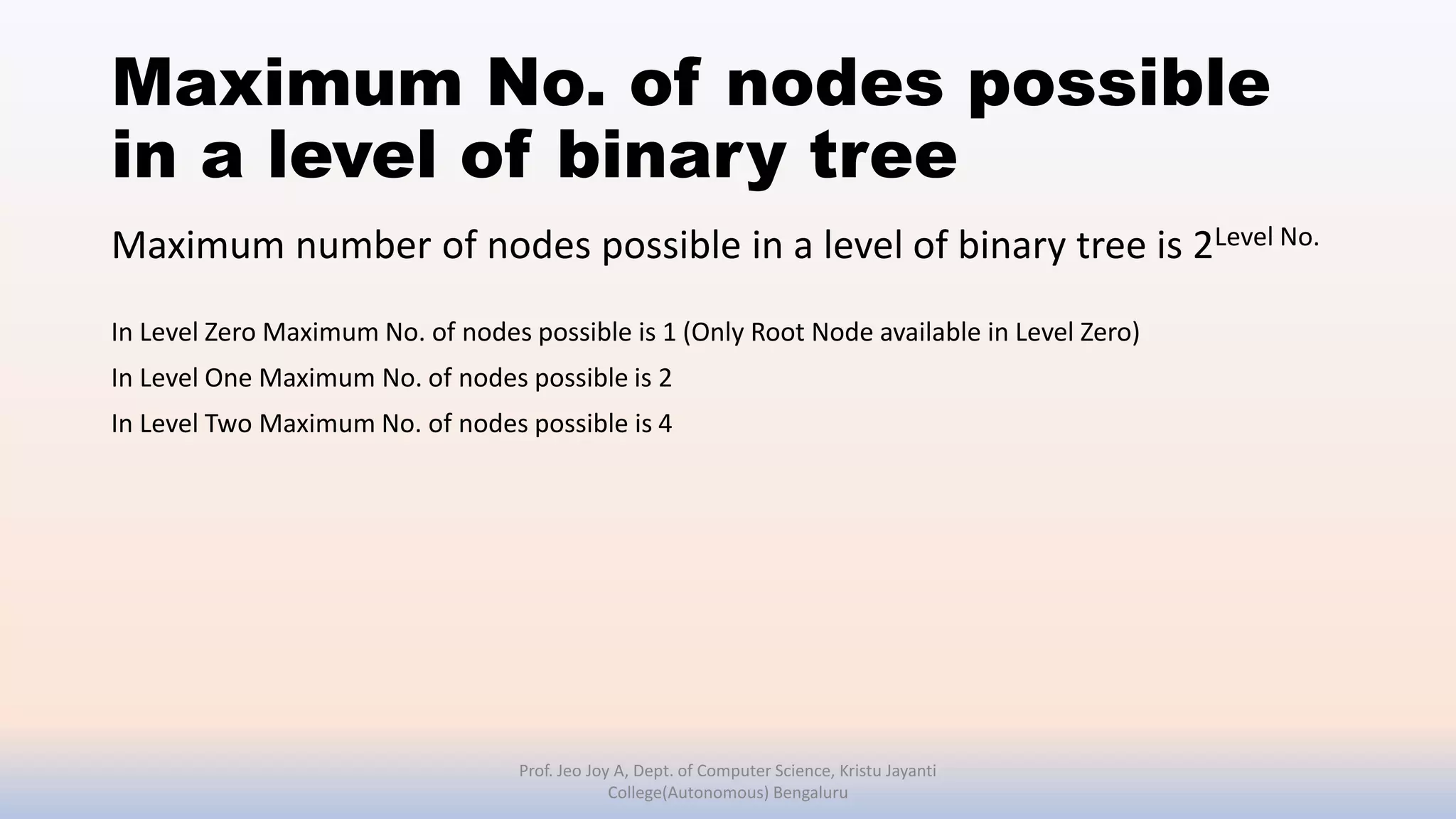 Maximum No. of nodes possible
in a level of binary tree
Maximum number of nodes possible in a level of binary tree is 2Level No.
In Level Zero Maximum No. of nodes possible is 1 (Only Root Node available in Level Zero)
In Level One Maximum No. of nodes possible is 2
In Level Two Maximum No. of nodes possible is 4
Prof. Jeo Joy A, Dept. of Computer Science, Kristu Jayanti
College(Autonomous) Bengaluru
 