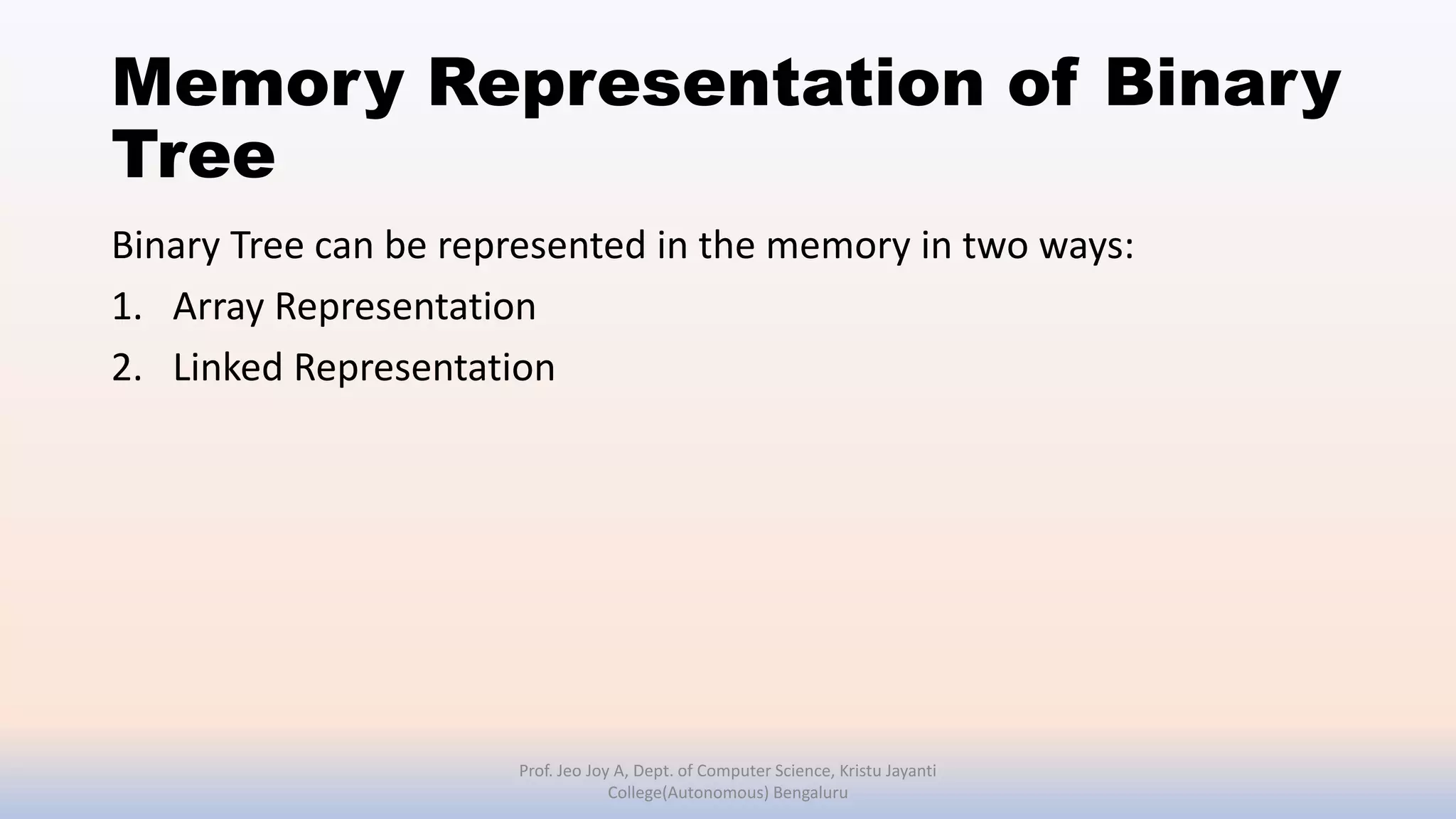 Memory Representation of Binary
Tree
Binary Tree can be represented in the memory in two ways:
1. Array Representation
2. Linked Representation
Prof. Jeo Joy A, Dept. of Computer Science, Kristu Jayanti
College(Autonomous) Bengaluru
 