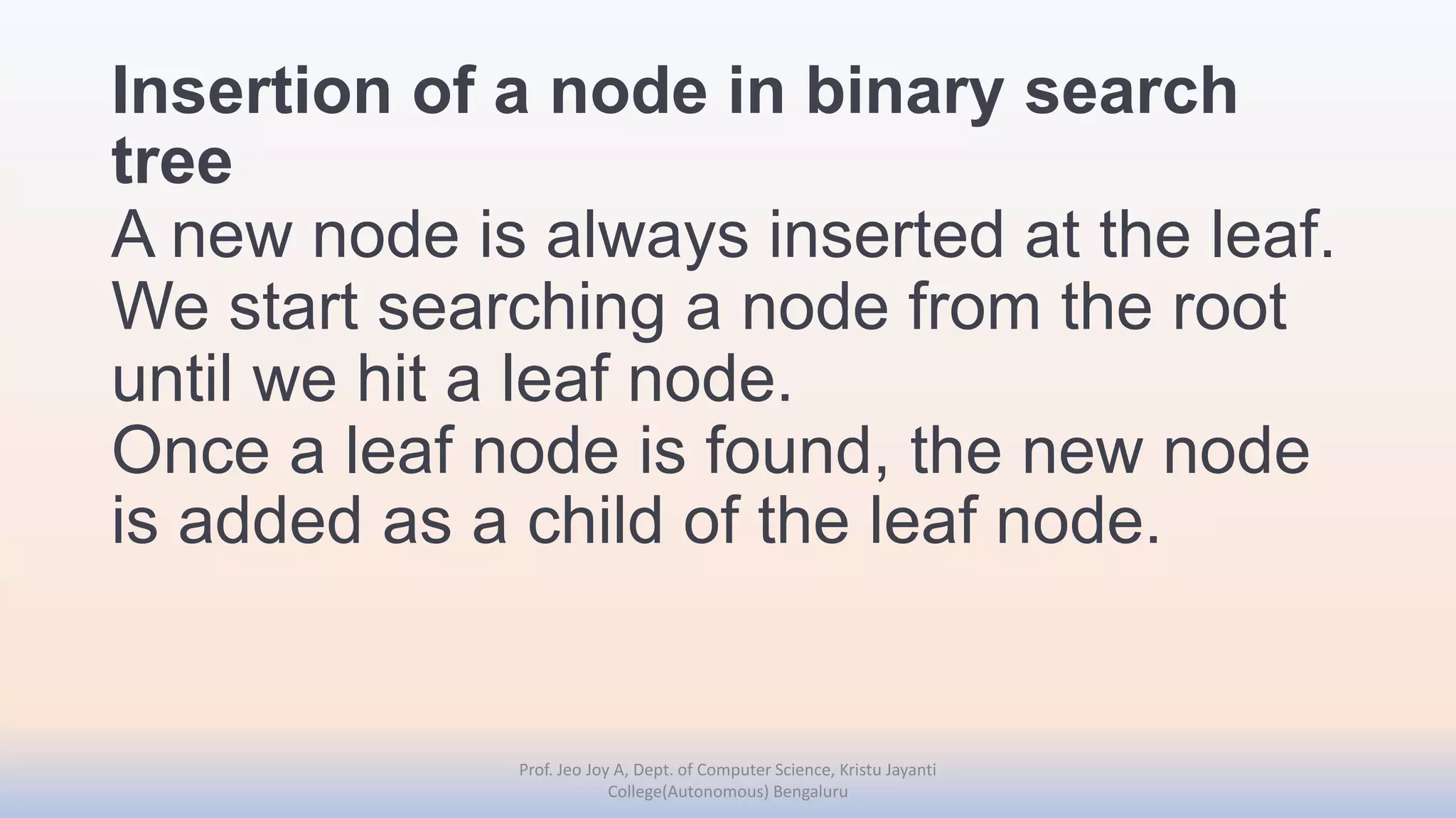 Insertion of a node in binary search
tree
A new node is always inserted at the leaf.
We start searching a node from the root
until we hit a leaf node.
Once a leaf node is found, the new node
is added as a child of the leaf node.
Prof. Jeo Joy A, Dept. of Computer Science, Kristu Jayanti
College(Autonomous) Bengaluru
 