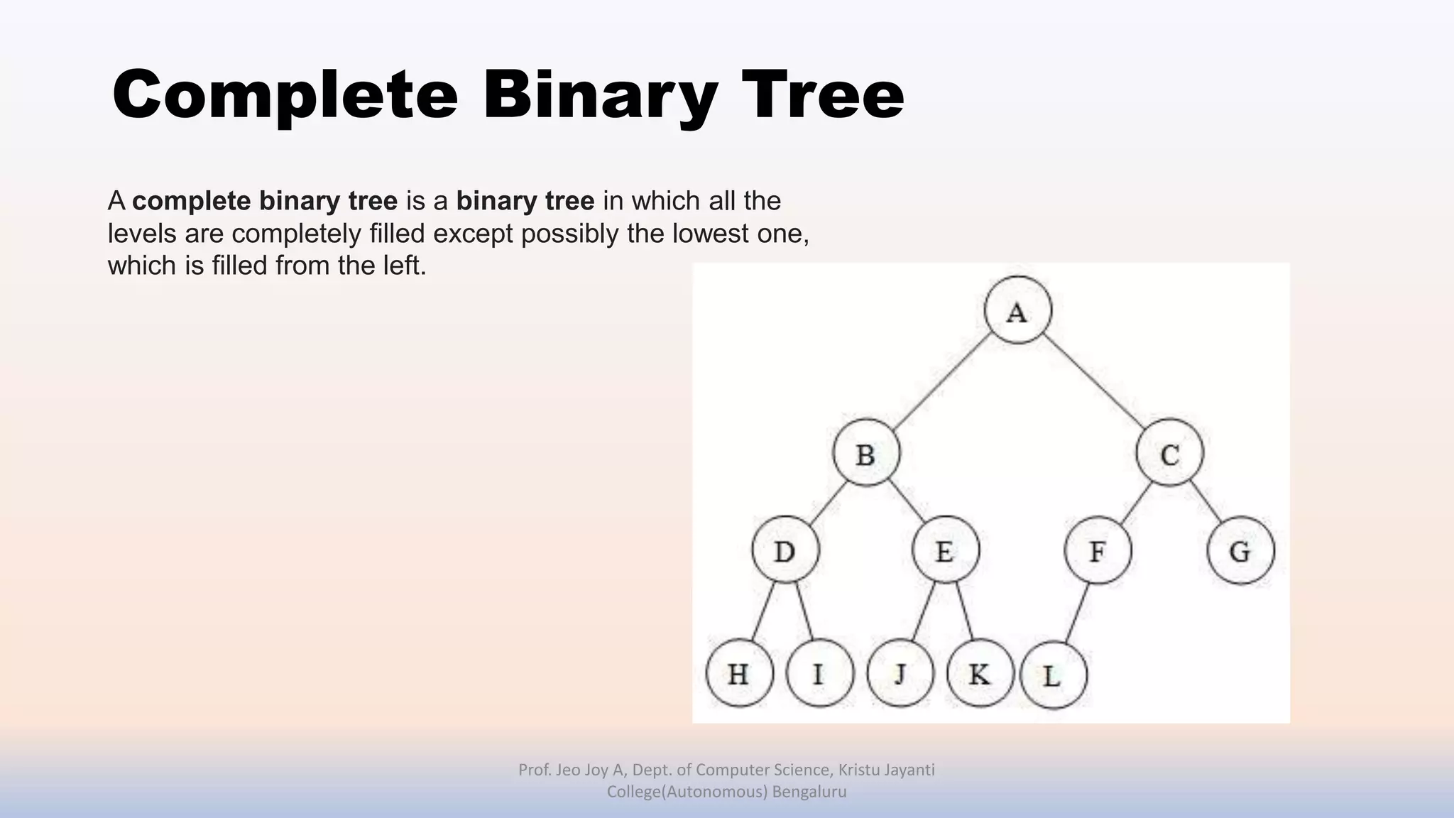 Complete Binary Tree
Prof. Jeo Joy A, Dept. of Computer Science, Kristu Jayanti
College(Autonomous) Bengaluru
A complete binary tree is a binary tree in which all the
levels are completely filled except possibly the lowest one,
which is filled from the left.
 