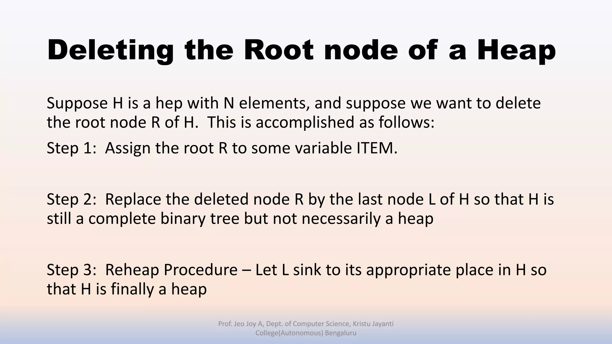 Deleting the Root node of a Heap
Suppose H is a hep with N elements, and suppose we want to delete
the root node R of H. This is accomplished as follows:
Step 1: Assign the root R to some variable ITEM.
Step 2: Replace the deleted node R by the last node L of H so that H is
still a complete binary tree but not necessarily a heap
Step 3: Reheap Procedure – Let L sink to its appropriate place in H so
that H is finally a heap
Prof. Jeo Joy A, Dept. of Computer Science, Kristu Jayanti
College(Autonomous) Bengaluru
 